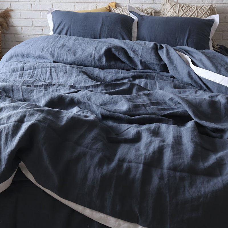 Vintage Blue and White Wide Border 100% Linen 4-piece Bedding Set