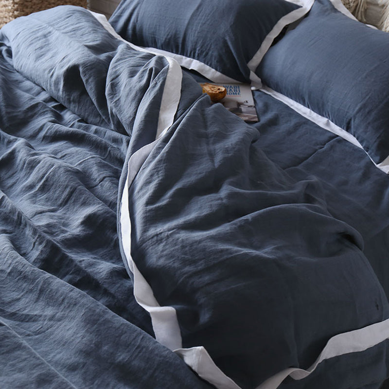 Vintage Blue and White Wide Border 100% Linen 4-piece Bedding Set