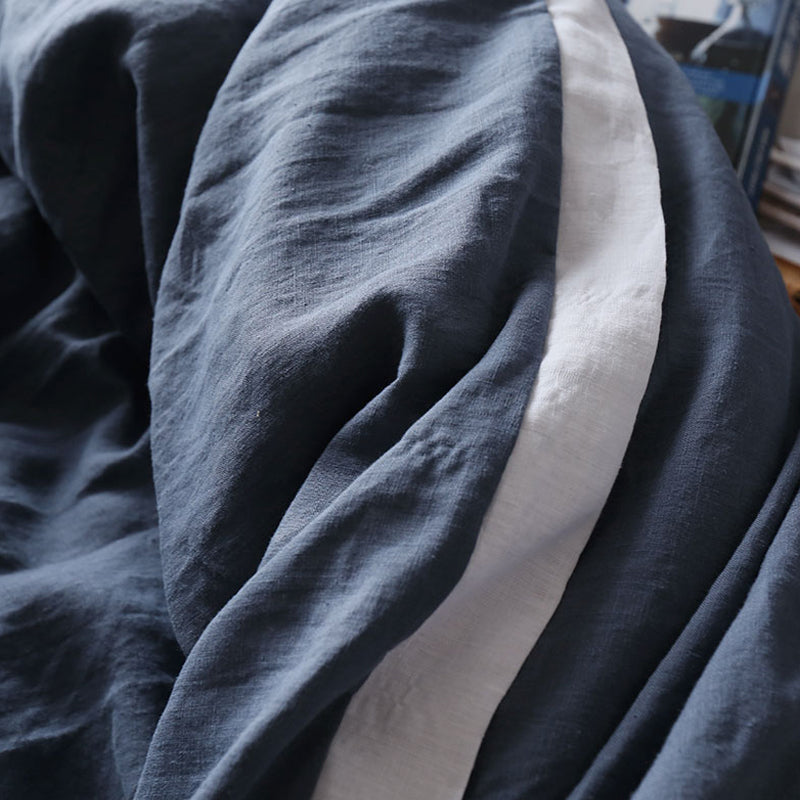 Vintage Blue and White Wide Border 100% Linen 4-piece Bedding Set