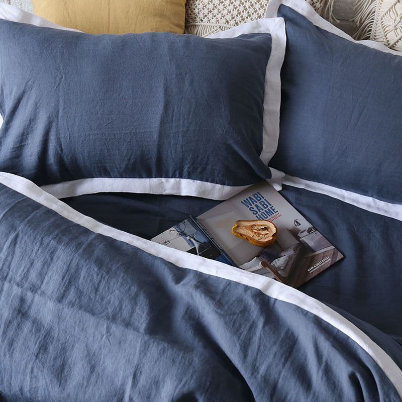 Vintage Blue and White Wide Border 100% Linen 4-piece Bedding Set